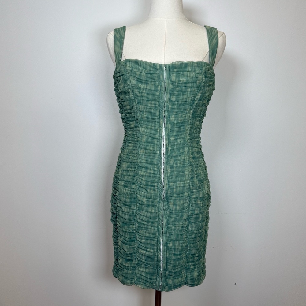 New! Fashion Nova ‘Marlie’ Mesh Green Ruched Mini Dress Women’s Size Medium - Picture 4 of 15